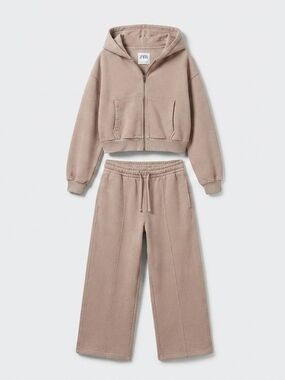 Zara Taupe Cropped Zip Hoodie & Wide Leg Sweatpants Set